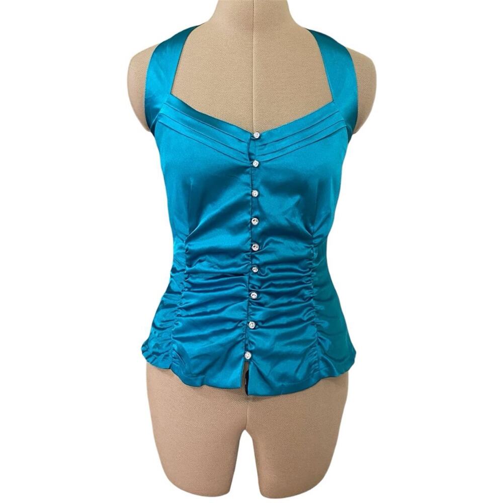 Y2K NWT Poetry blue halter top with button front and ruched details, size M.